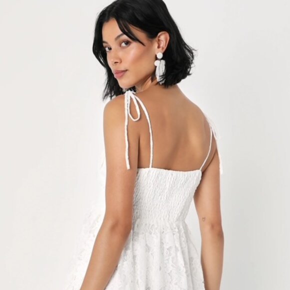 White Lace Tie-Shoulder Babydoll Mini Dress - Picture 3 of 4